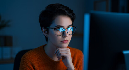** Woman working late in a dark office, wearing glasses looking at computer, coding, programming, thinking, creativity, night, pensive.