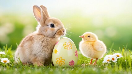 A cute bunny and a chick sit beside a decorated egg in a sunny, grassy field adorned with flowers, evoking a cheerful spring atmosphere.