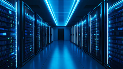 Fototapeta premium Futuristic Server Room with Blue Lighting