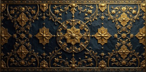 Obraz premium Intricate royal gold and black patterns on ancient stone walls, gold, ancient