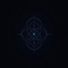 A geometric design with a central blue light, featuring intricate circular patterns against a dark background, creating a mesmerizing visual effect.