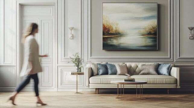 Blurred woman walking in a feminine living room interior with a sofa, coffee table and painting