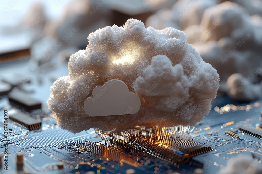 Poster cloud computing innovation and technology advancements are symbolized by a digital cloud enveloped i