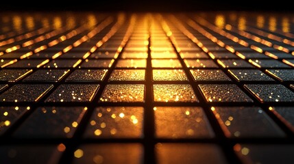 Golden glitter tiles floor, dark background, light beam, stage, design