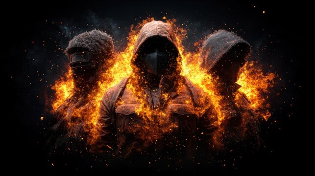 Man in hooded jacket surrounded by fire with gaming elements in studio lighting and natural colors