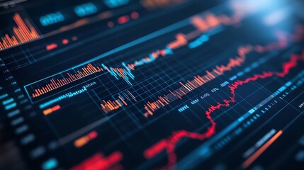 Obraz premium Financial Data Analytics Screen Display Red Orange Blue Stock Market Charts Graphs Business Technology Digital Information Investment Trading Economic