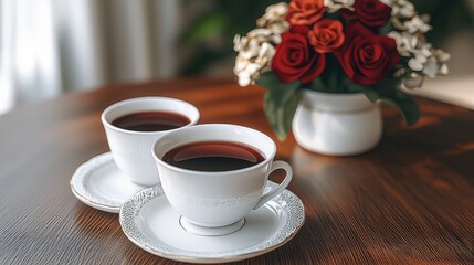 Valentine's celebration, dinner table with a romantic dinner, two cups of hot chocolate and flowers on one side.