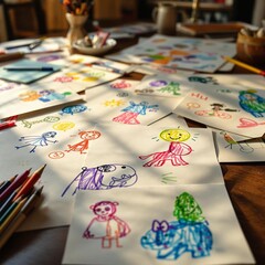 Obraz premium Creative Children's Artwork Collection with Colorful Markers Scattered on Wooden Table with Natural Light
