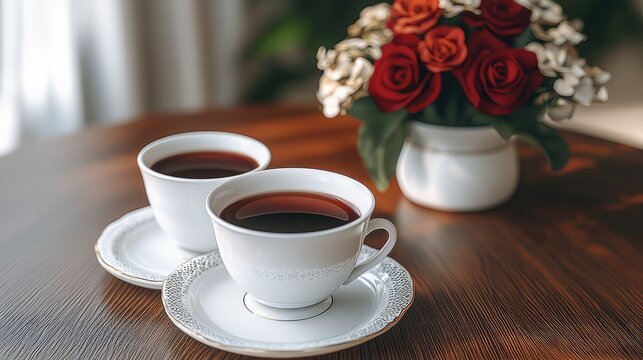 Valentine's celebration, dinner table with a romantic dinner, two cups of hot chocolate and flowers on one side.