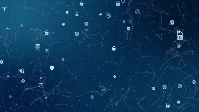 Motion graphic of Blue digital security shield logo and circle futuristic HUD elements with flowing arrows with network firewall technology 