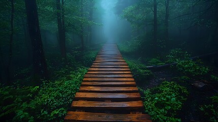 Obraz premium Misty forest walkway with wooden planks leading into atmospheric fog tranquil and calming nature photography copy space available for editorial use