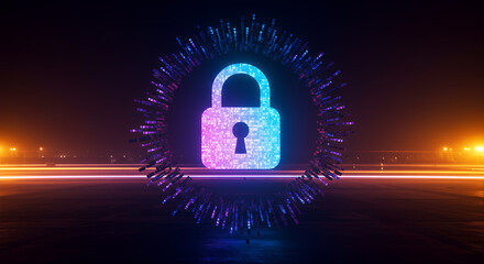 Neon Cyber Security: Padlock Protection in a Futuristic Tech Landscape. Data, Privacy, Encryption, and Digital Safety Visualized.