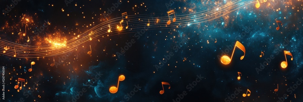 Leinwandbilder Musical notes float through a cosmic landscape filled with stars and vibrant colors in a celestial harmony. Generative AI