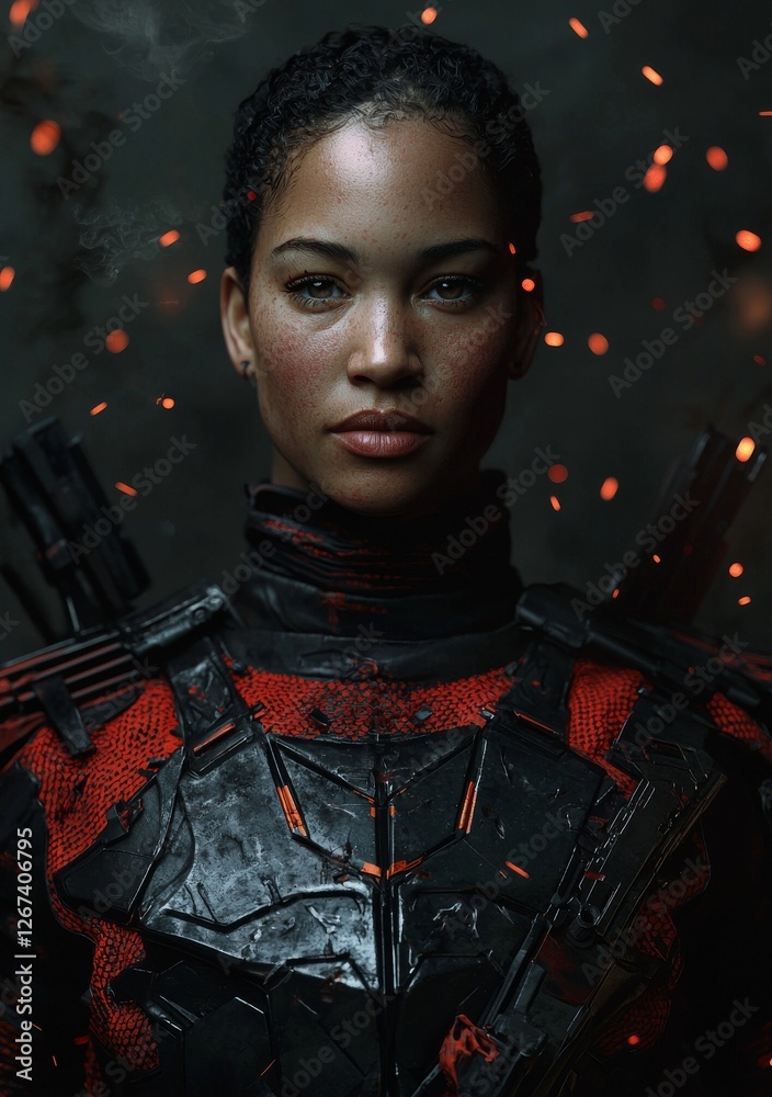 Poster a 3d rendering depicts a sci-fi assassin completing her task and moving on to the next target