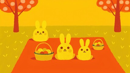 Fototapeta premium Cute yellow rabbits with baskets of eggs are sitting on a red blanket under colorful trees in a cheerful, sunny setting.