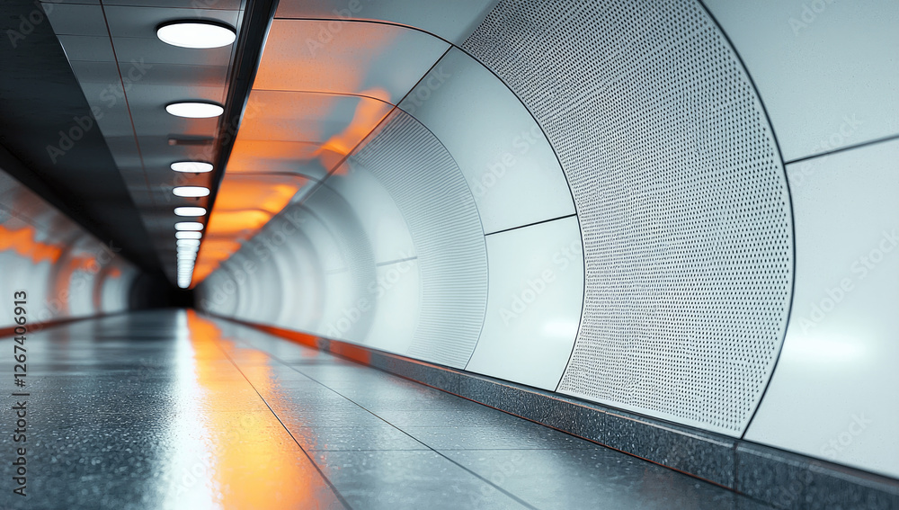 Poster An urban metro station platform with geometric lines and soft lighting, minimal and efficient design.