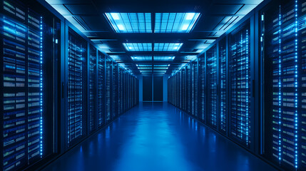 Tech Data Center Corridor with Blue Lights