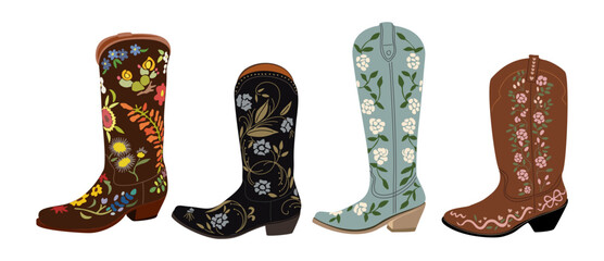 Set of different cowgirl boots. Traditional western cowboy boots decorated with embroidered floral elements. Realistic vector art illustrations isolated on transparent background. Digital stickers.