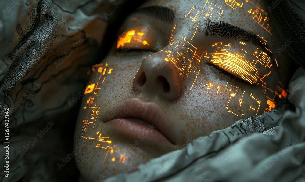 Poster the image of a humanoid cyber girl, a gold robot woman, showcases a close-up of a digital brain, uti