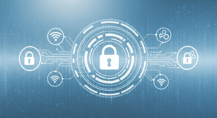 Cyber Security: Data Protection with Lock, Gears & WiFi Icons in a Binary Code Background - Digital Security, Encryption, and Network Security Concept