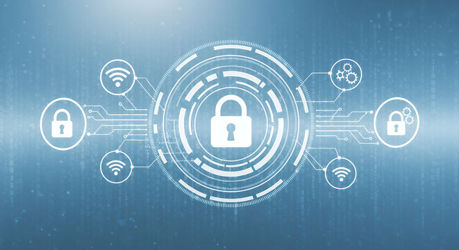 Cyber Security: Data Protection with Lock, Gears & WiFi Icons in a Binary Code Background - Digital Security, Encryption, and Network Security Concept