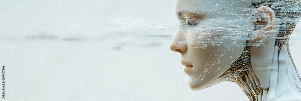 Poster the creation of a digital interface in 3d involves a cyborg head using stock