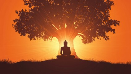 Buddha meditating under the Bodhi tree, with rays emanating from his body in golden hues.