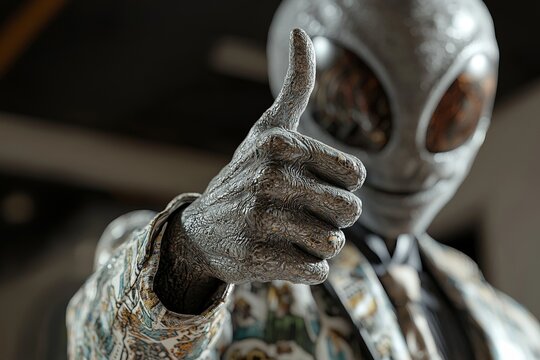 An alien wearing a business suit and giving a thumbs up was created using Stock technology