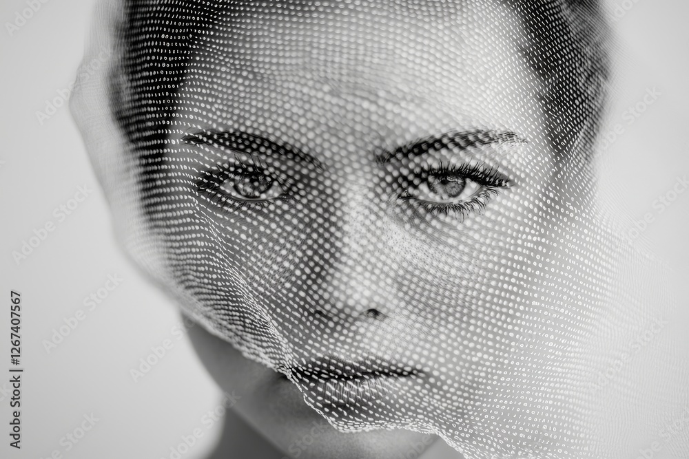 Poster a female face contrasts with binary code as a human looks at the camera from within a digital matrix