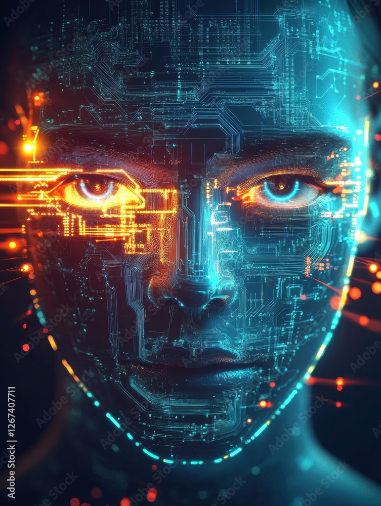 Aufkleber Human face merging with glowing digital circuits reflects a futuristic concept of technology and identity in a cyber world. Generative AI