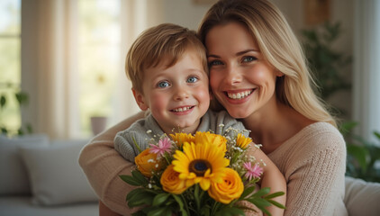 A heartfelt "Happy International Women's Day" is beautifully captured in this image, featuring a vibrant bouquet of yellow flowers presented by a child to a smiling woman