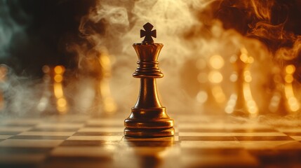 Golden king chess piece on board in smoky atmosphere, strategy concept