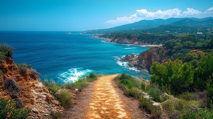 Coastal walkway winding along a scenic ocean cliff with gentle waves crashing below and a breathtaking panoramic view of the coastline