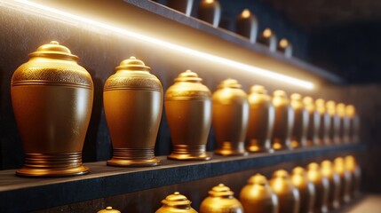 Gold urns on dark shelves in a display room