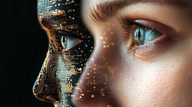 A stylized face that is half human and half robot is shown in close-up, representing a stock concept