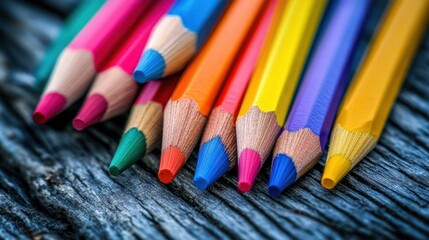 Fototapeta premium Vibrant Rainbow Colored Pencils on Rustic Wood