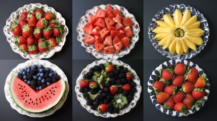 Naklejka premium Colorful fruit platter arrangement; strawberries, watermelon, blueberries, blackberries, mango