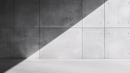 Obraz premium Modern architectural concrete wall with a diagonal beam of light casting strong shadows, creating a minimalist, industrial, and geometric aesthetic.
