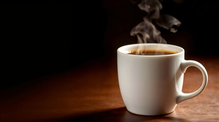 Cup of Hot Coffee with Steam on Dark Brown Solid Background