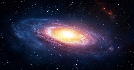 Fototapeta premium Stunning pink and yellow spiral galaxy with a glowing core and stars in the vast universe