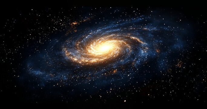 Spiral galaxy with glowing center and beautiful cosmic nebula in dark space background full of shining stars and swirling energy across the universe