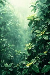Watercolor artwork of rainwater falling onto lush green plants, showing nature's cycle with copy space