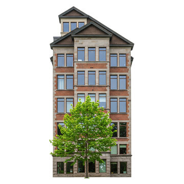 A tall modern house with many windows and a small green tree in front, set against a white background