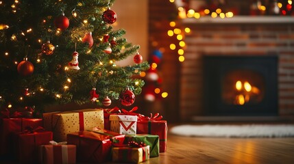 Christmas tree and presents in front of fireplace. A festive christmas with a sleigh. Christmas tree with gifts for the holidays. A fireplace adorned with a christmas tree and gifts lifestyle.