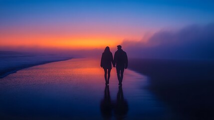 Romantic Couple Walking Hand-in-Hand on Foggy Beach at Sunset