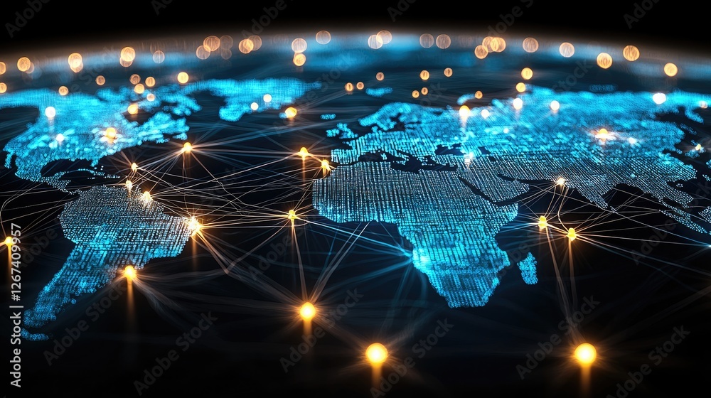 Poster a global network and connectivity concept featuring the earth with glowing, interconnected lines on 