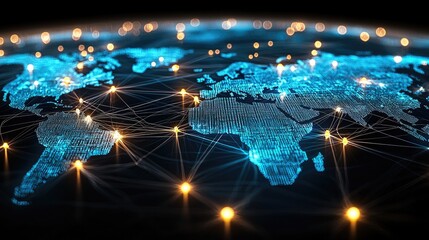 A global network and connectivity concept featuring the Earth with glowing, interconnected lines on a dark background. symbolizes international communication technology, and business connectivity.
