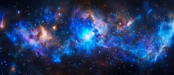 Vibrant galactic nebula with intense blue and fiery clouds illuminating the cosmic sky and glowing with distant celestial light