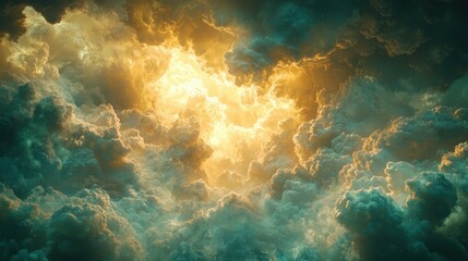 Fototapeta premium Golden light breaking through dramatic dark clouds, heaven, background