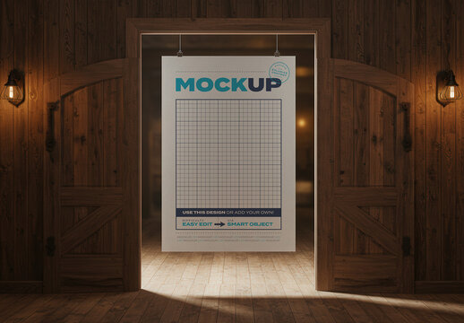 Poster Page Mockup behind Cowboys Wooden Doors Mockup